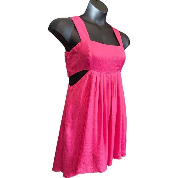 Hot Pink Mini Dress Pocket Washed Satin Cutout Skirt Bandeau | Davi & Dani - Picture 10 of 16
